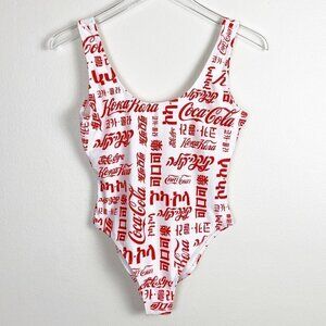 COCA COLA | Logo Global Languages White & Red Scoop Neck Swimsuit
